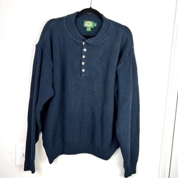 Cabelas Mens Henley Sweater Blue Crew Neck Ribbed Long Sleeve Buttons L - Picture 1 of 8